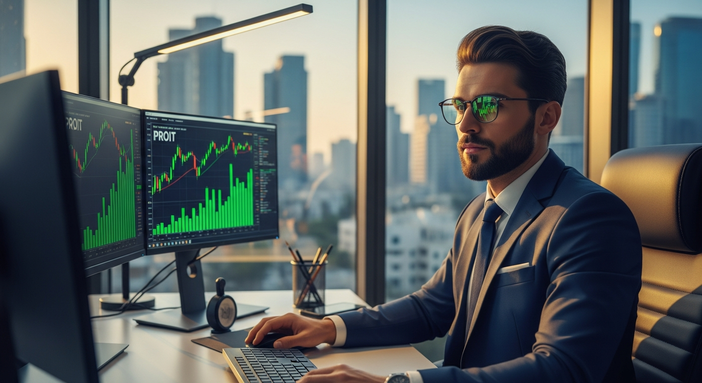 סוחר מקצועי בתיק נוסטרו צופה בתשואות ואחוזי רווח על מסכי מסחר מתקדמים