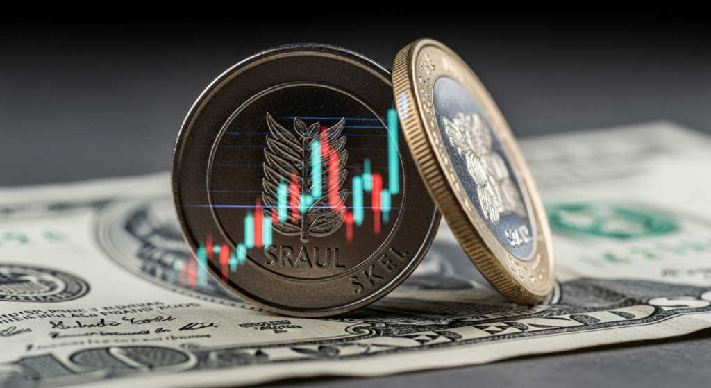 מטבע שקל וש דולר חופפים על משטח, עם תרשים מחירים משתקף בעדשת המטבע בפוטוגרפיית מאקרו לניתוח דולר שקל יומי.