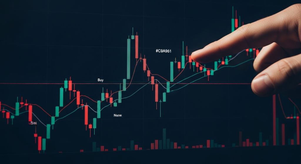 תרשים candlestick עם נתוני order flow המציגים נפחי קנייה ומכירה, יד של סוחר מצביעה על אזור חוסר איזון בהזמנות מוסדיות בתוך אסטרטגיית Orde...