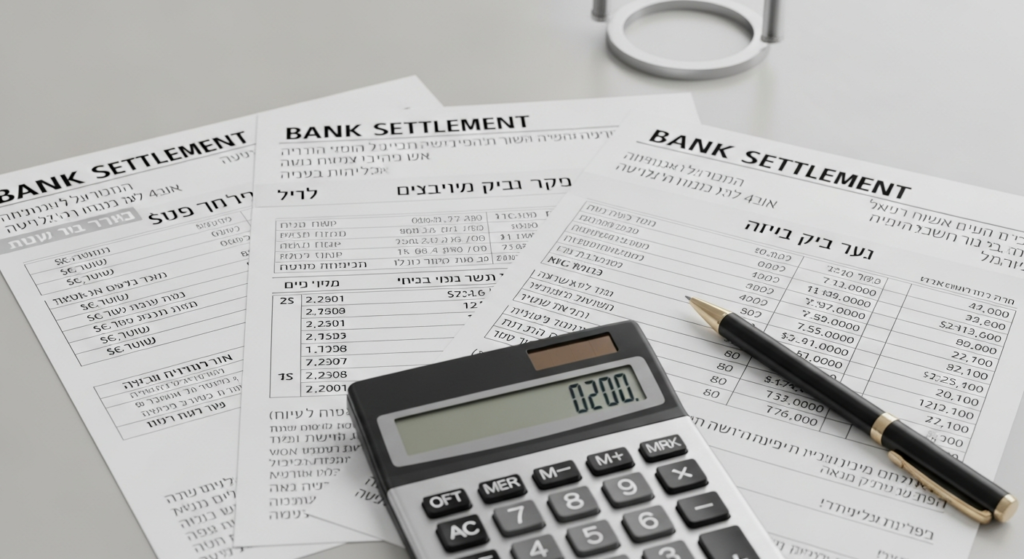 דפי הסדרים בנקאיים וטבלאות עמלות מפורשות על שולחן עם מחשבון ועט, המשמשים לניתוח בחירת חברת נוסטרו דמי מנוי בעת השוואה מדויקת.
