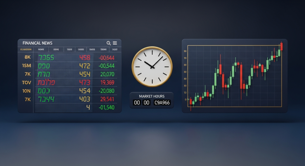 תמונה מקצועית המציגה News Trading אסטרטגיה דרך מסך חלוקי: מחד טיקר חדשות פיננסי, ומאידך גרף נרות עולה, עם שעון בעיצוב מינימליסטי מודרני.
