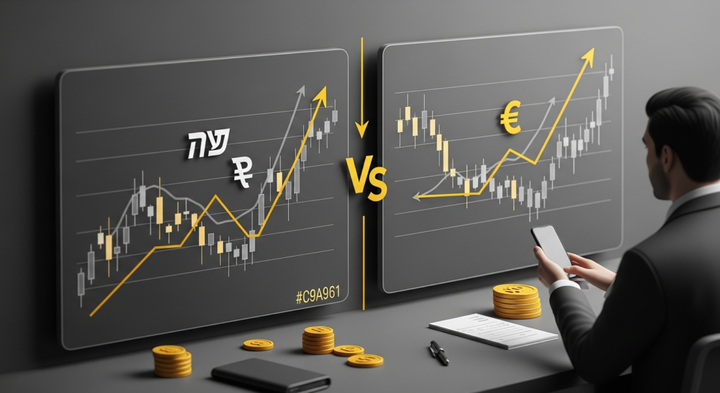 תרשימי מטבעות בתצוגת מסך מחולק המציגים קורלציה הפוכה בין השקל למטבע אחר, עם קווי טרנד מתפצלים בעיצוב איזומטרי עם עומק וניגוד חזותי.
